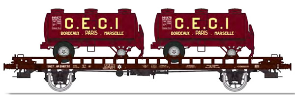 REE Modeles WB-614 - French UFR double transport Era III HR 598173 brown, black frame + 2 round shaped tank trailers CEC